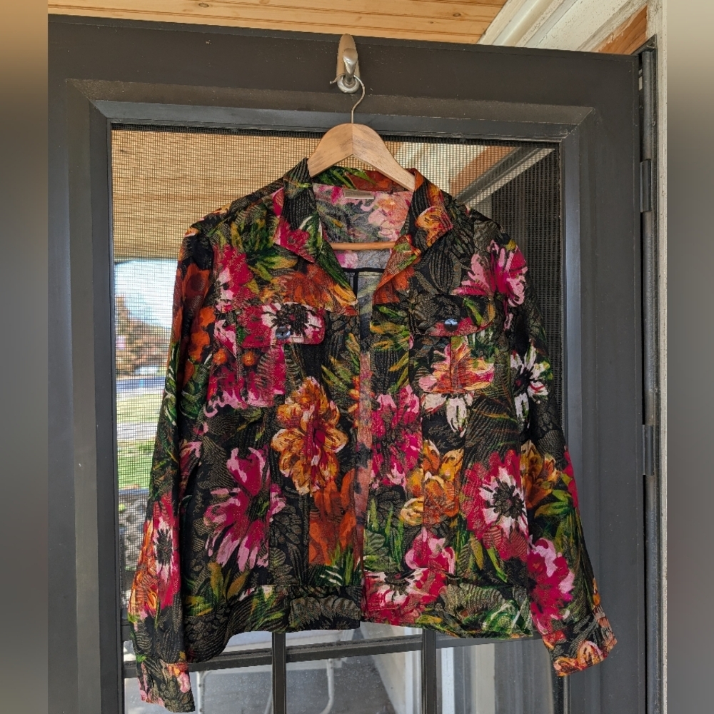 Chico’s Sheer Floral Button Front Jacket Black Multicolor Women’s Size 1 (M)